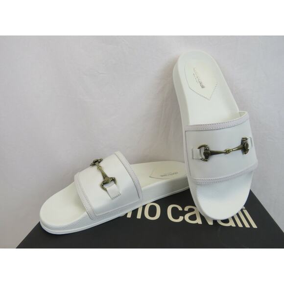 ROBERTO CAVALLI WHITE LEATHER ANTIQUE SILVER BIT SANDALS SLIDES 43.5 /10.5 ITALY